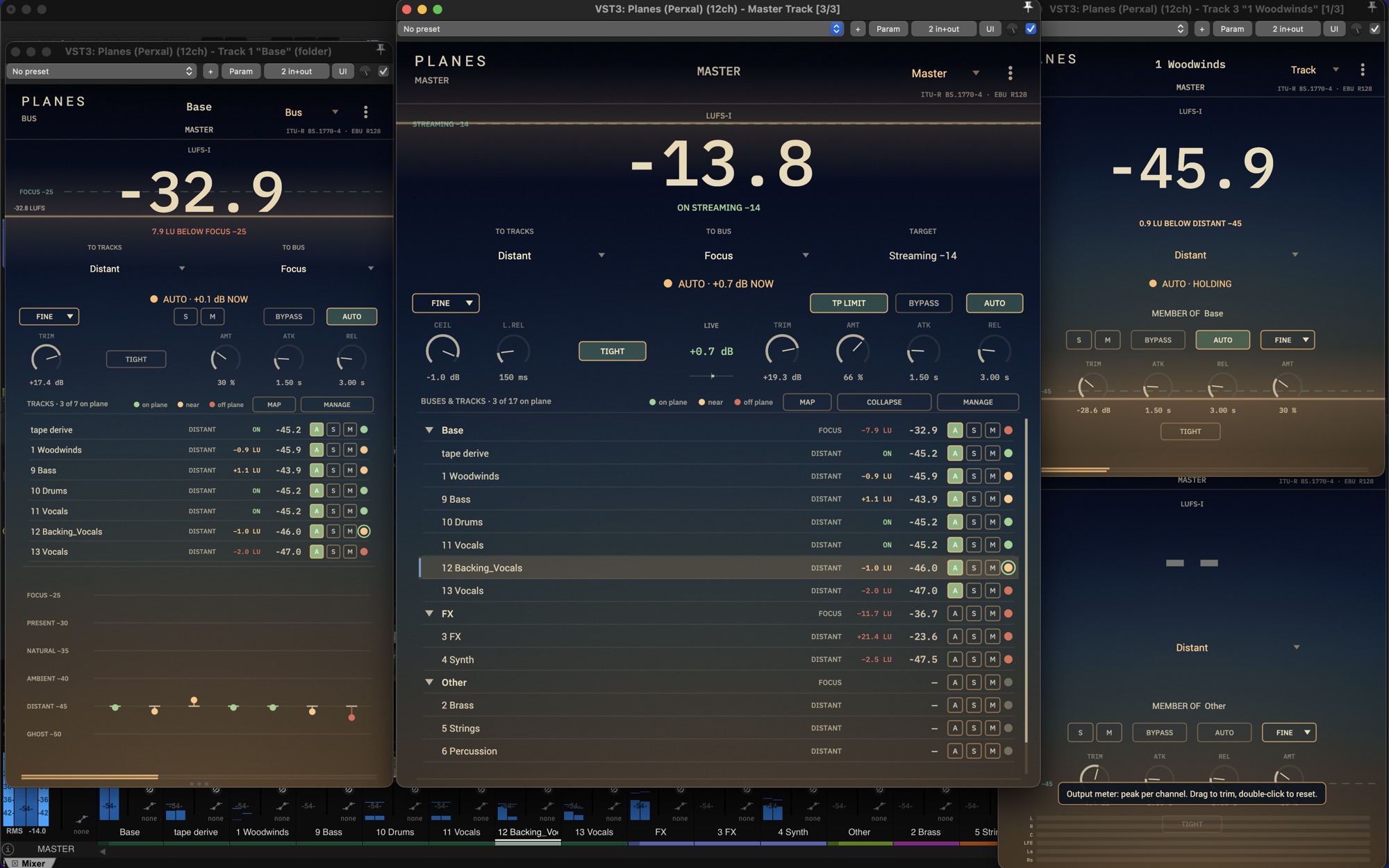 Planes open in a session: a bus, the master with its track list, and a track