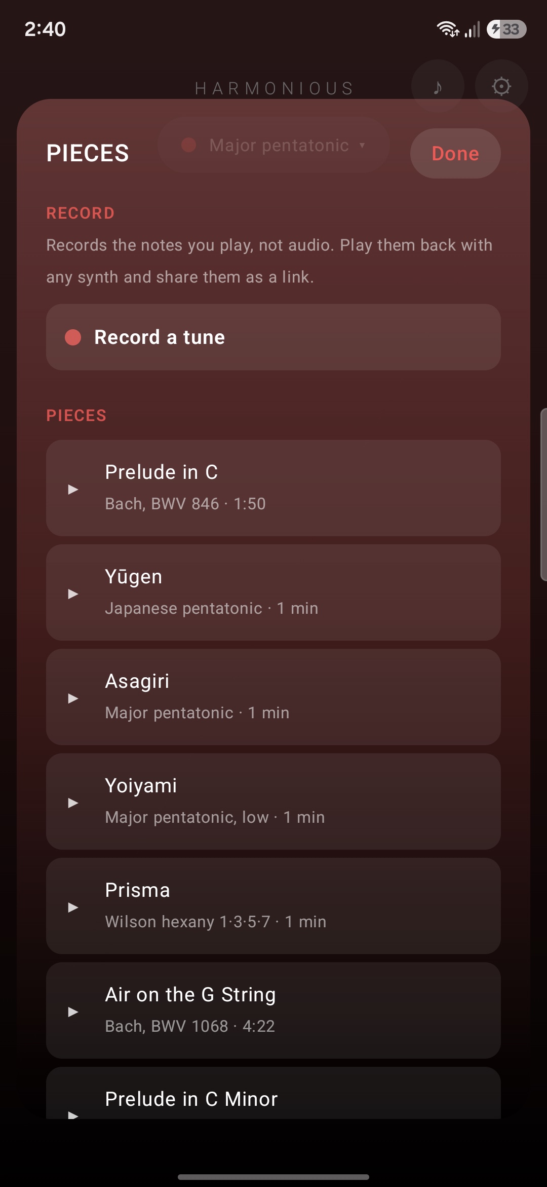 Lista de piezas de Harmonious con obras clásicas y ambientales