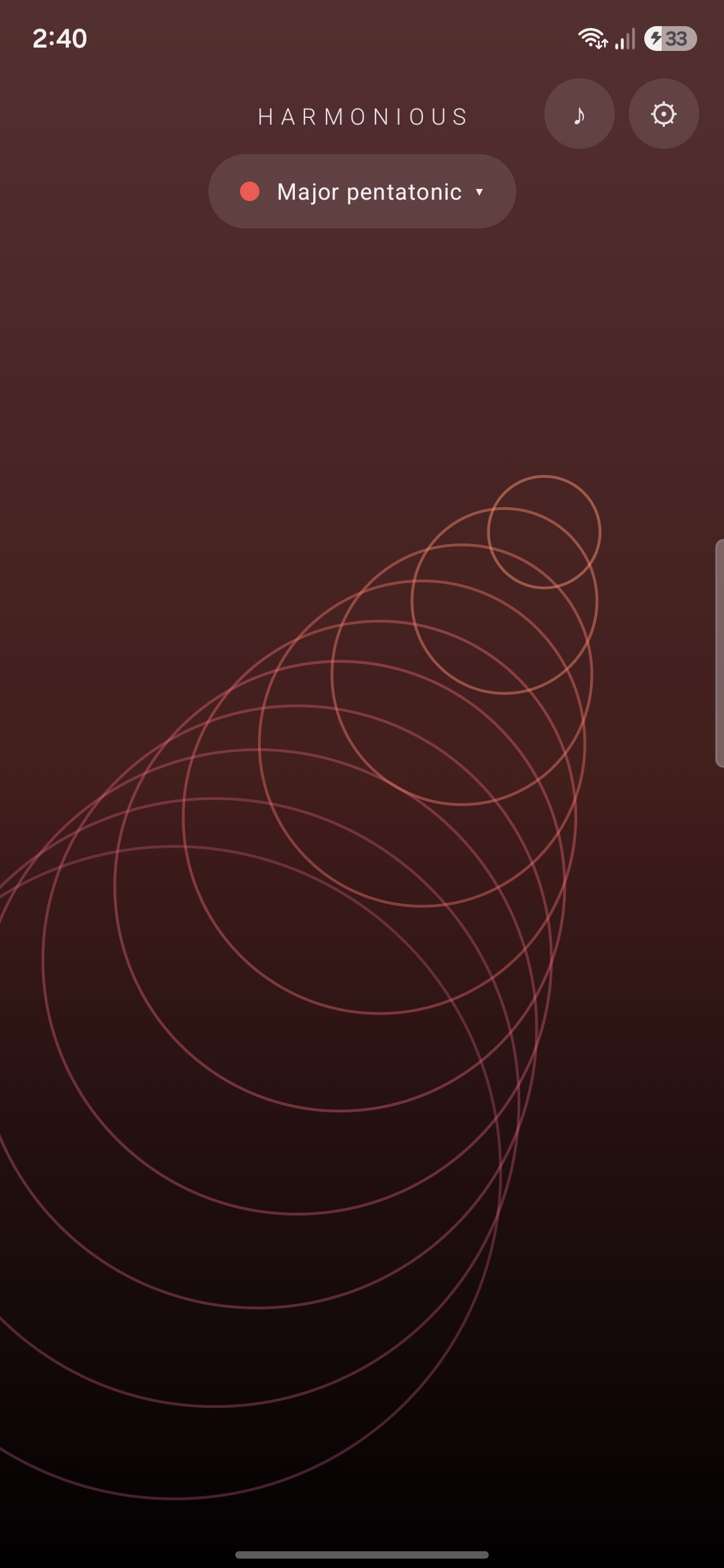 Harmonious en Android: aros concéntricos morados sobre un degradado oscuro, escala Dorian