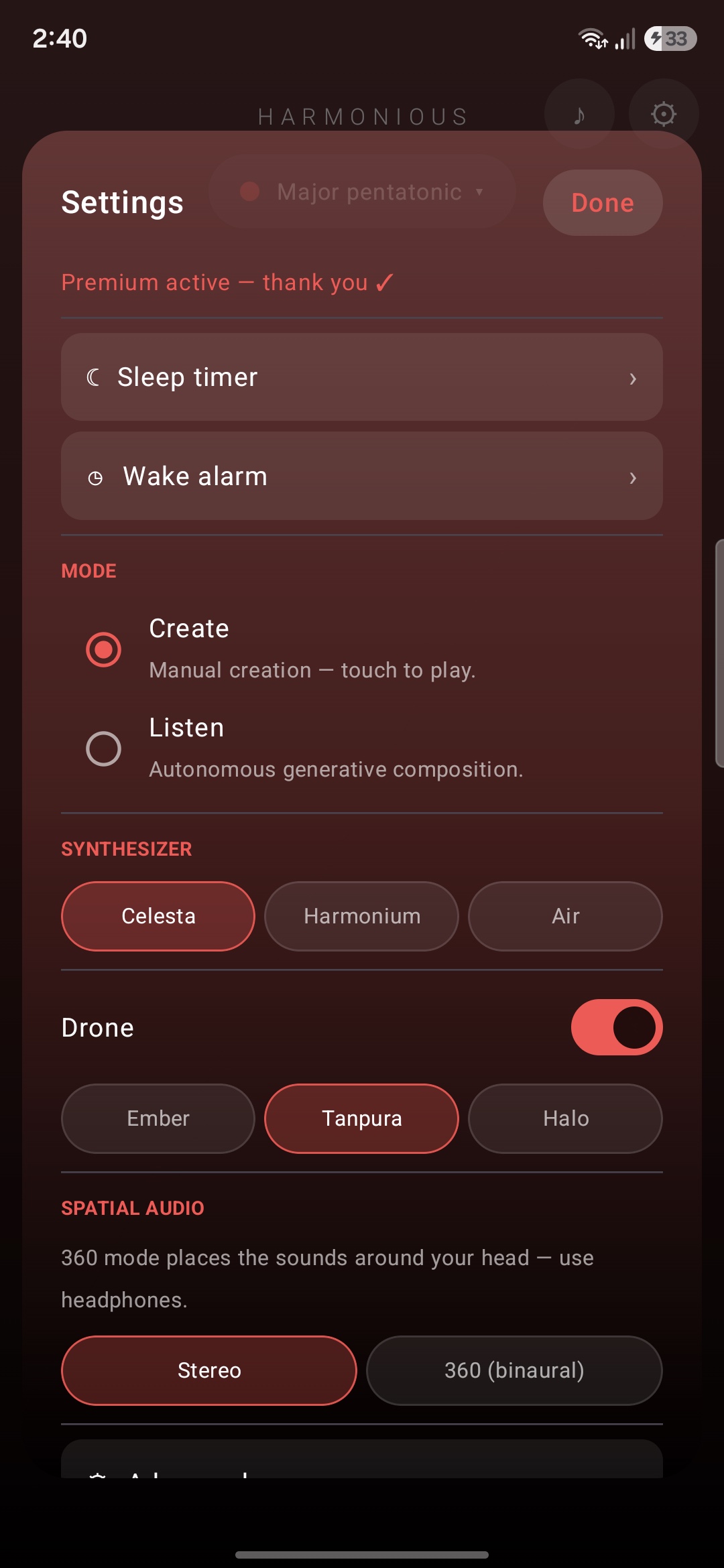 Ajustes de Harmonious: modo, sintetizador, dron y audio espacial